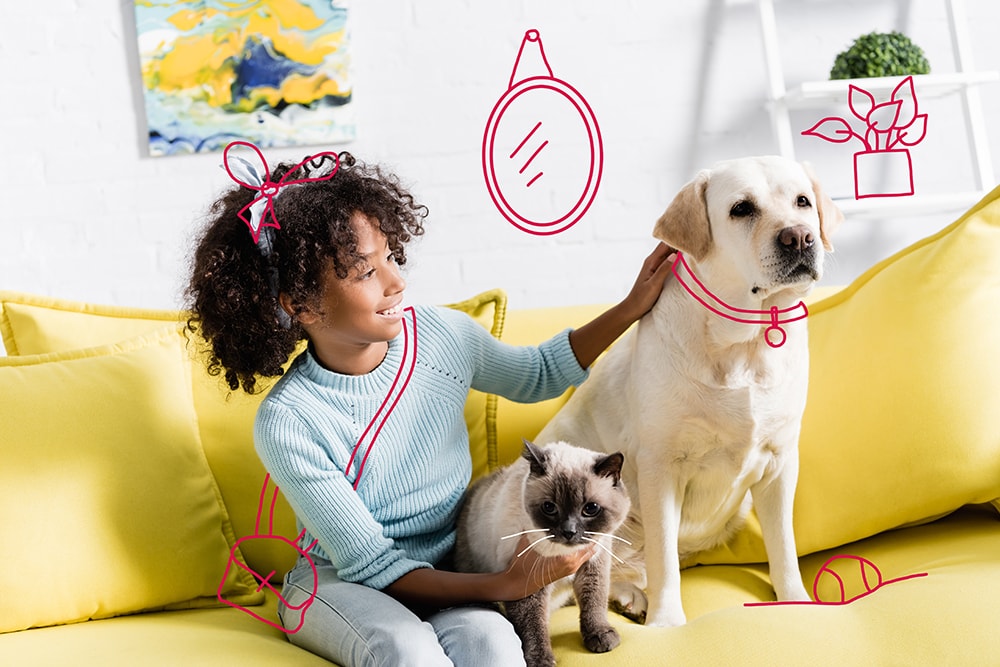 Flea and worming pets - a girl with a cat and dog on a yellow sofa